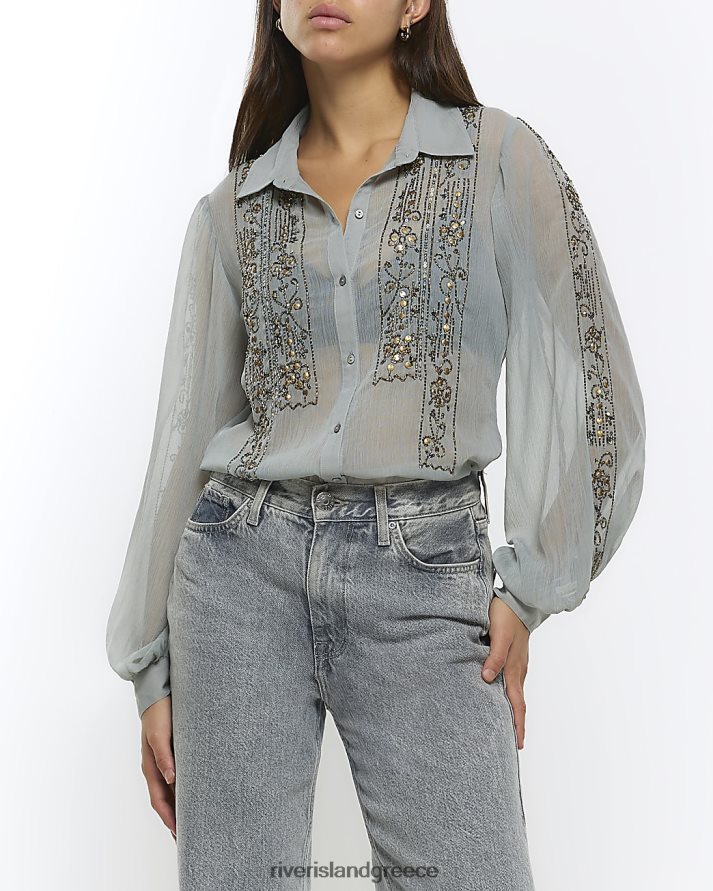 River Island ενδύματα μπλε γυναίκες διακοσμημένη μακρυμάνικη μπλούζα B6N8X957