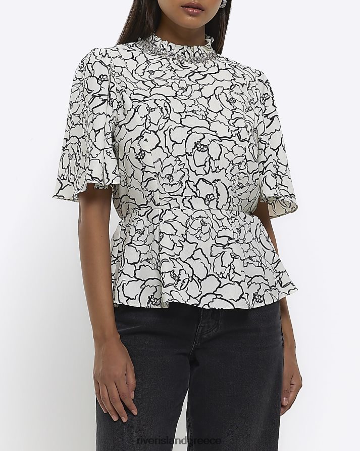 River Island ενδύματα άσπρο γυναίκες floral μπλούζα με ψηλό λαιμό διαμάντι B6N8X4448