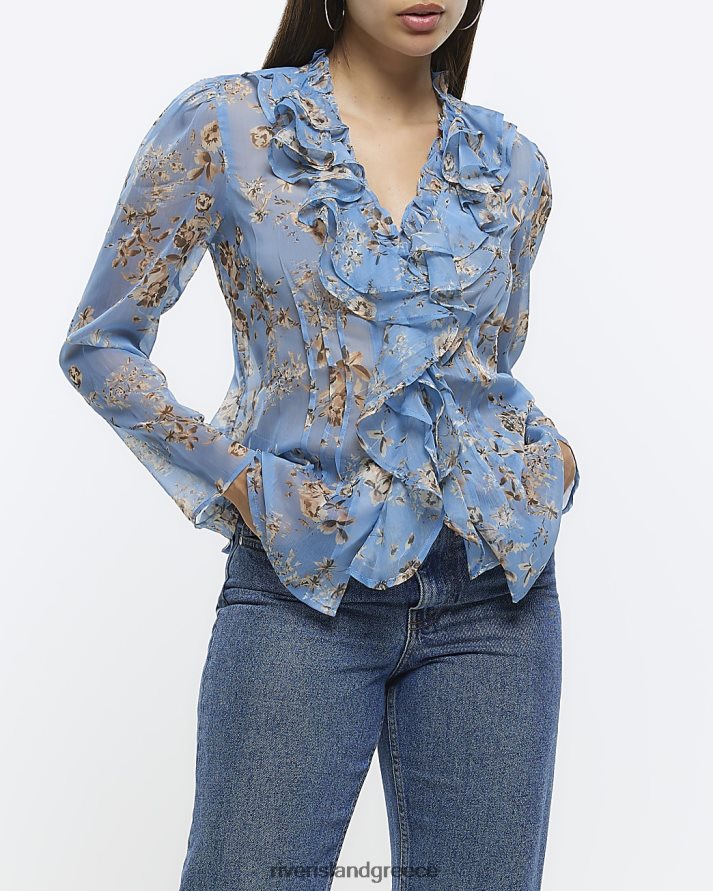 River Island ενδύματα μπλε γυναίκες floral frill μπλούζα B6N8X4172