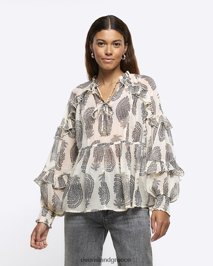 River Island ενδύματα μπεζ γυναίκες αφηρημένη frill μπλούζα B6N8X3881