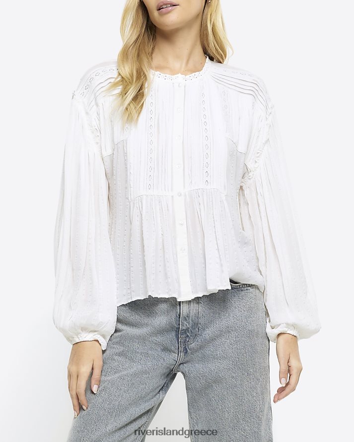 River Island ενδύματα άσπρο γυναίκες δαντέλα πλισέ smock μπλούζα B6N8X769