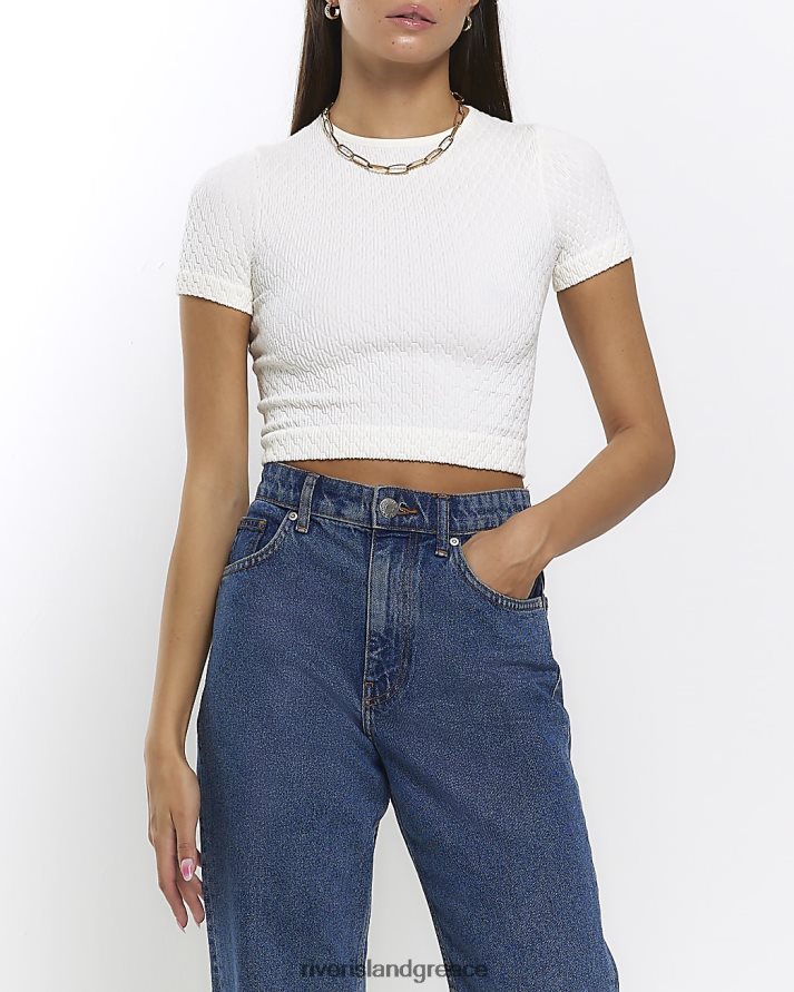 River Island ενδύματα κρέμα γυναίκες ανάγλυφο μπλουζάκι καλλιέργειας χωρίς ραφή B6N8X332