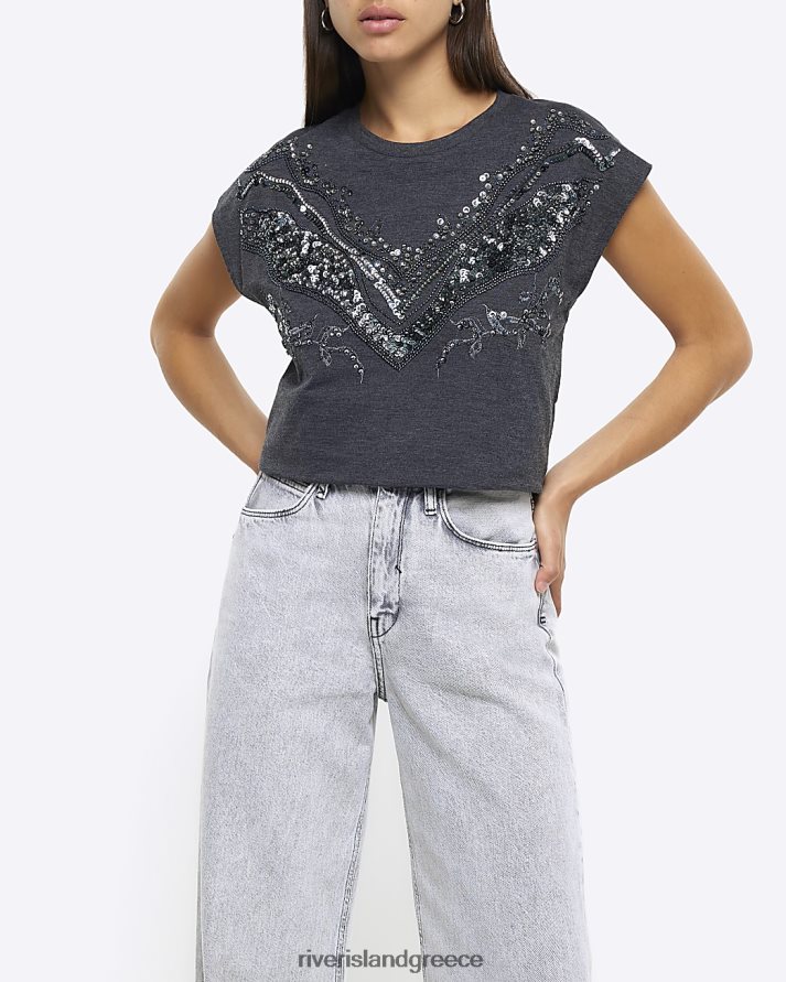 River Island ενδύματα γκρί γυναίκες μπλουζάκι με λεπτομέρεια παγιέτες B6N8X3755
