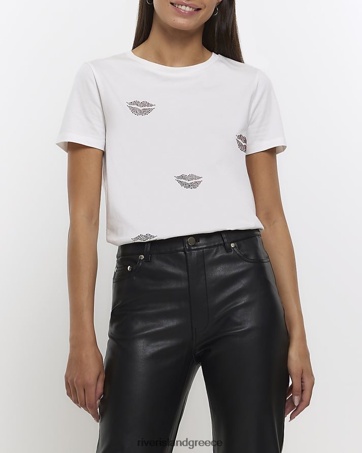 River Island ενδύματα άσπρο γυναίκες T-shirt για τα χείλη diamante B6N8X4493
