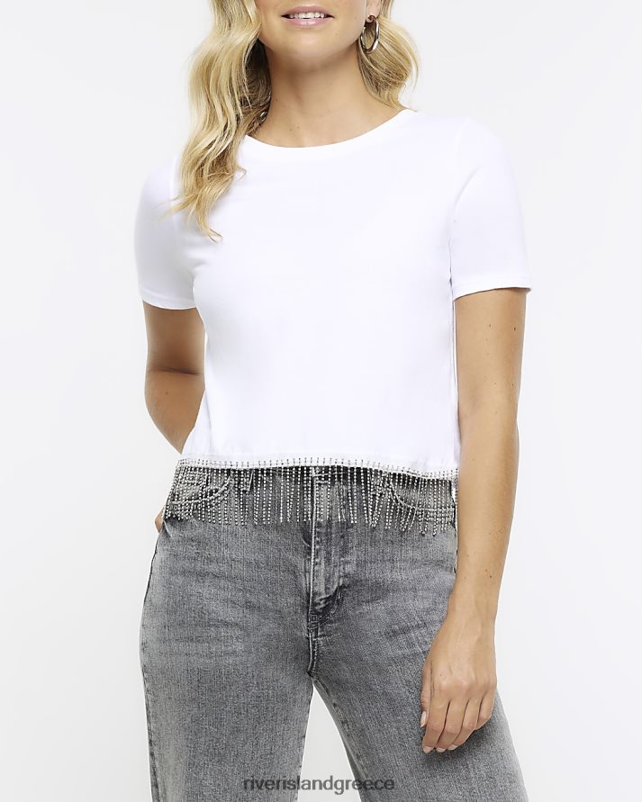 River Island ενδύματα άσπρο γυναίκες T-shirt diamante trim crop B6N8X415