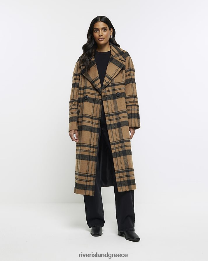River Island ενδύματα καφέ γυναίκες παλτό με παραγάδι με έλεγχο μείγματος μαλλιού B6N8X3749