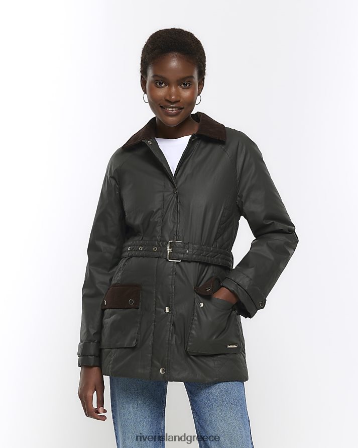 River Island ενδύματα χακί γυναίκες ζωσμένο κληρονομιά κερωμένο μπουφάν B6N8X4308