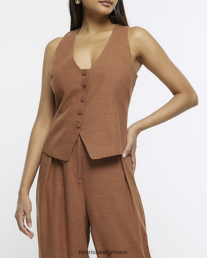 River Island ενδύματα καφέ γυναίκες κουμπωτό γιλέκο με λινό μείγμα B6N8X4550