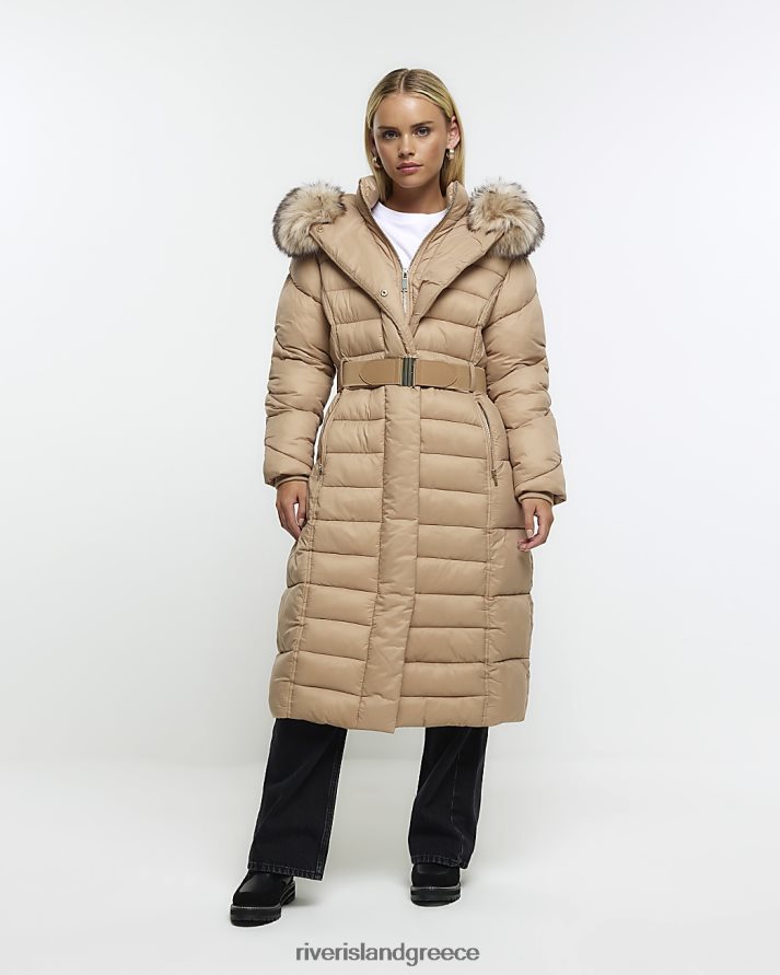 River Island ενδύματα μπεζ γυναίκες παλτό με παραγάδι με ψεύτικη γούνα B6N8X5249