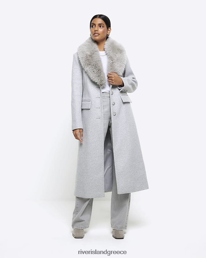 River Island ενδύματα γκρί γυναίκες παλτό παραγάδι με γιακά από ψεύτικη γούνα B6N8X56