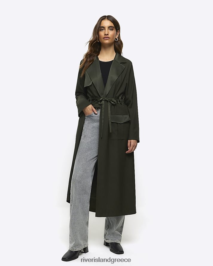 River Island ενδύματα χακί γυναίκες παλτό παραγάδι με σατέν ζώνη B6N8X955