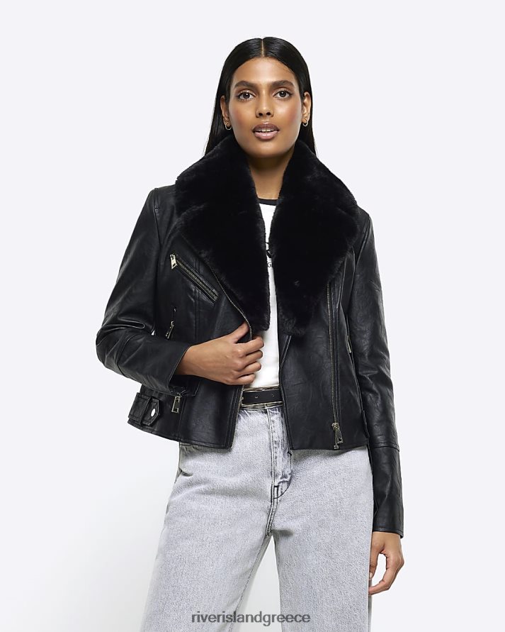 River Island ενδύματα μαύρος γυναίκες Biker jacket με γιακά από ψεύτικη γούνα B6N8X4018