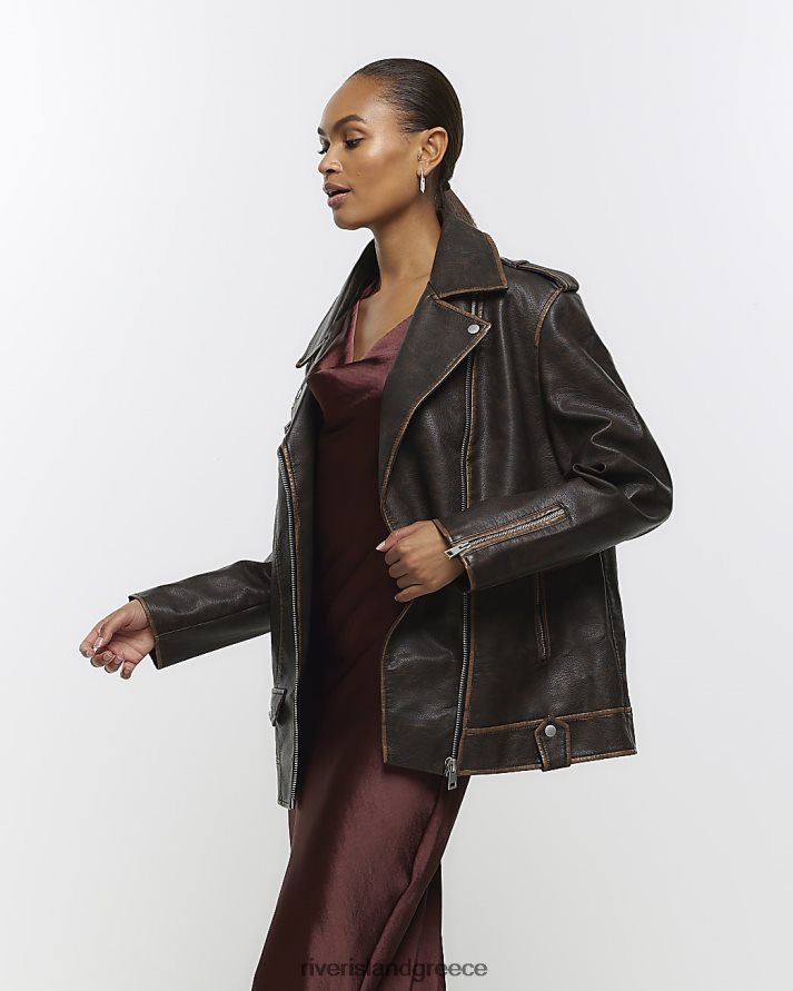 River Island ενδύματα καφέ γυναίκες Biker jacket oversized από ψεύτικο δέρμα B6N8X63