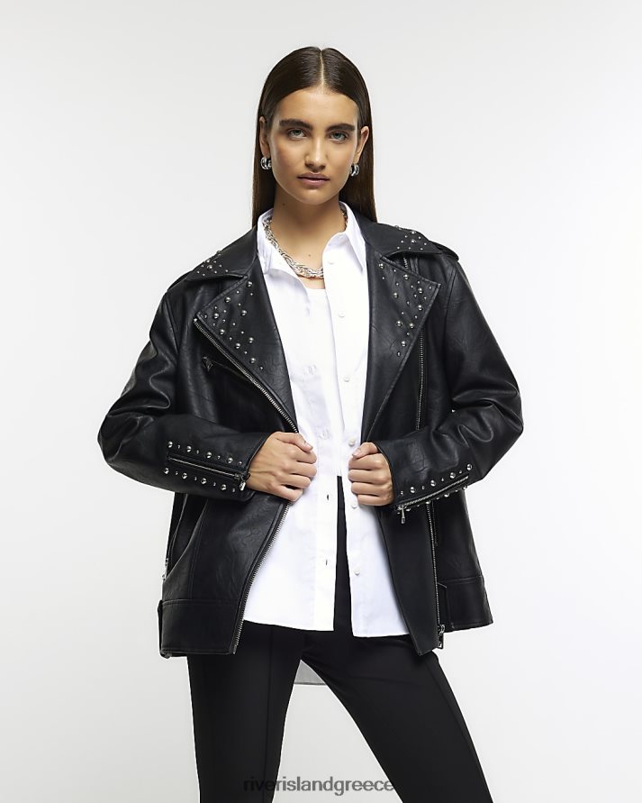 River Island ενδύματα μαύρος γυναίκες μπουφάν biker μεγάλου μεγέθους με καρφιά B6N8X3937