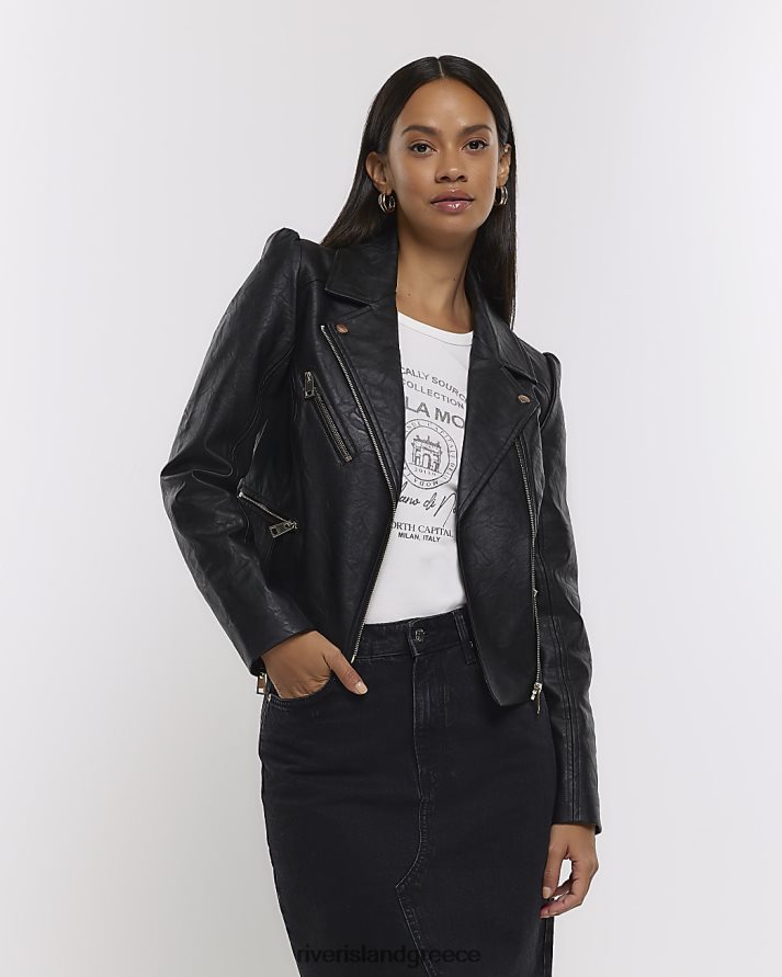 River Island ενδύματα μαύρος γυναίκες μπουφάν biker με φουσκωτά μανίκια B6N8X4465