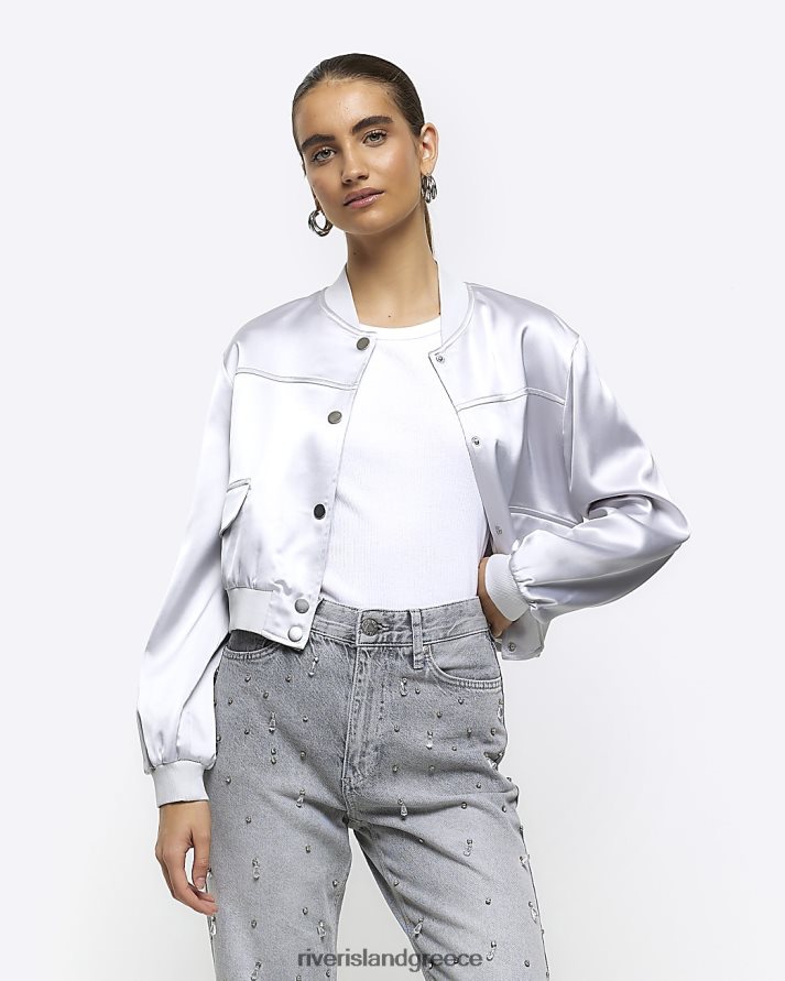 River Island ενδύματα ασήμι γυναίκες σατέν ραμμένο bomber jacket B6N8X4026