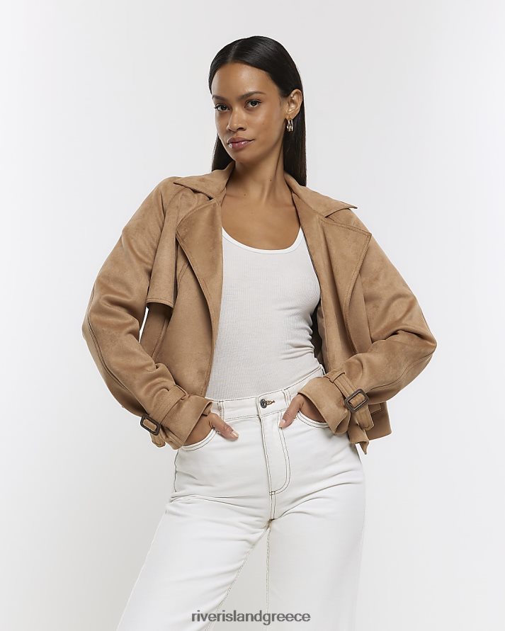 River Island ενδύματα καφέ γυναίκες ψεύτικο καστόρι crop trench jacket B6N8X1300