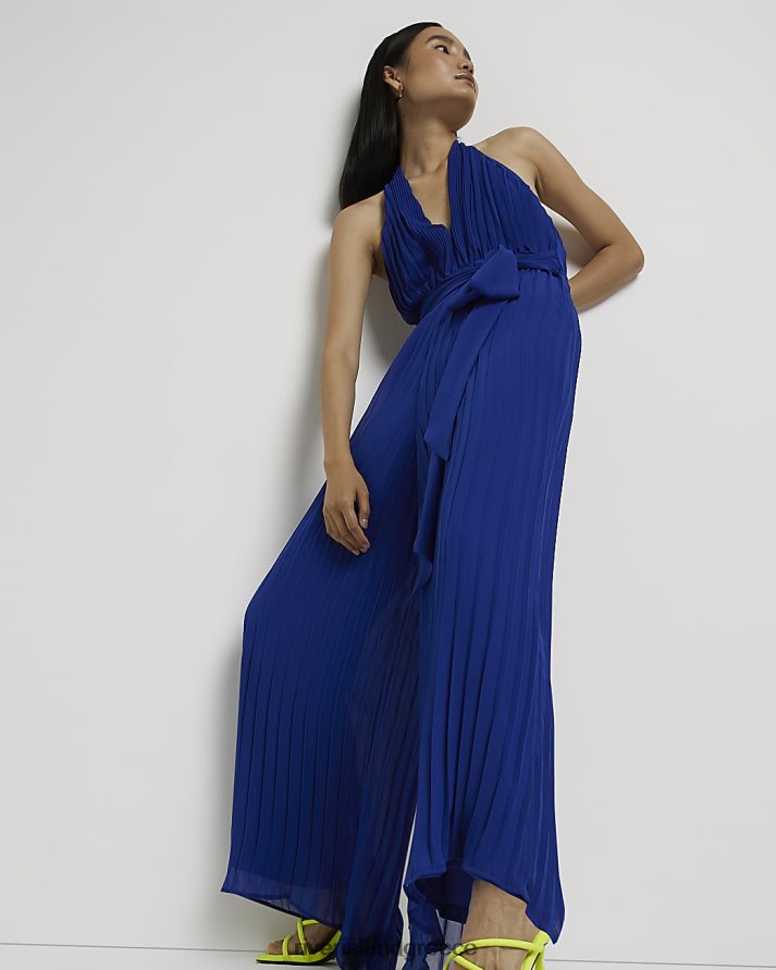 River Island ενδύματα μπλε γυναίκες Ολόσωμη φόρμα με φαρδύ πόδι με λαιμόκοψη B6N8X2110