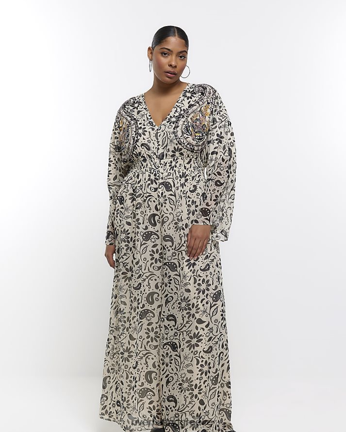 River Island ενδύματα κρέμα γυναίκες συν ολόσωμη φόρμα με μανίκια με στάμπα B6N8X5138