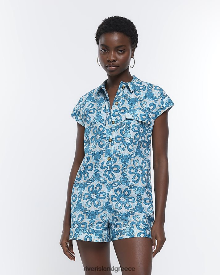 River Island ενδύματα μπλε γυναίκες Αζτέκο κοντομάνικο playsuit B6N8X4818