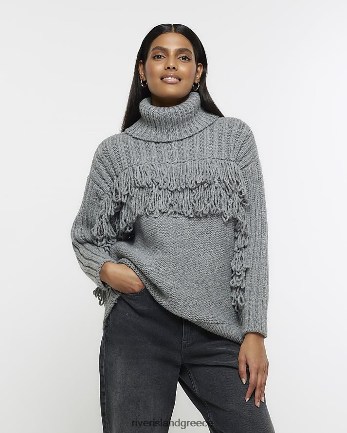 River Island ενδύματα γκρί γυναίκες πλεκτό μπλουζάκι με λεπτομέρεια κρόσια B6N8X395