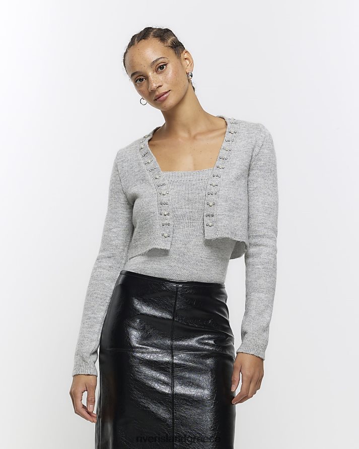 River Island ενδύματα γκρί γυναίκες Σετ γιλέκο στολισμένη ζακέτα B6N8X669