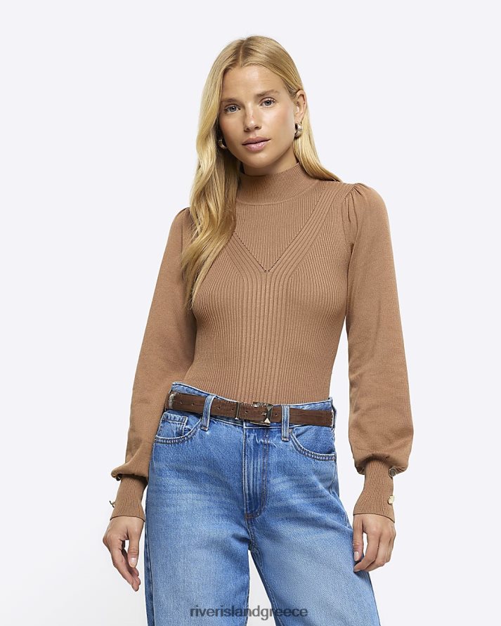 River Island ενδύματα καφέ γυναίκες rib mix roll λαιμόκοψη B6N8X174