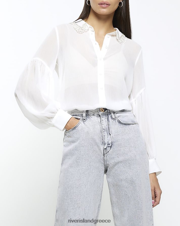 River Island ενδύματα άσπρο γυναίκες πουκάμισο διακοσμημένο με σιφόν B6N8X1050