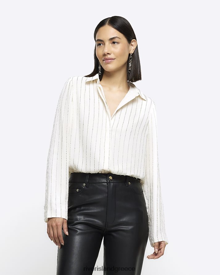 River Island ενδύματα κρέμα γυναίκες μακρυμάνικο πουκάμισο με χάντρες B6N8X109