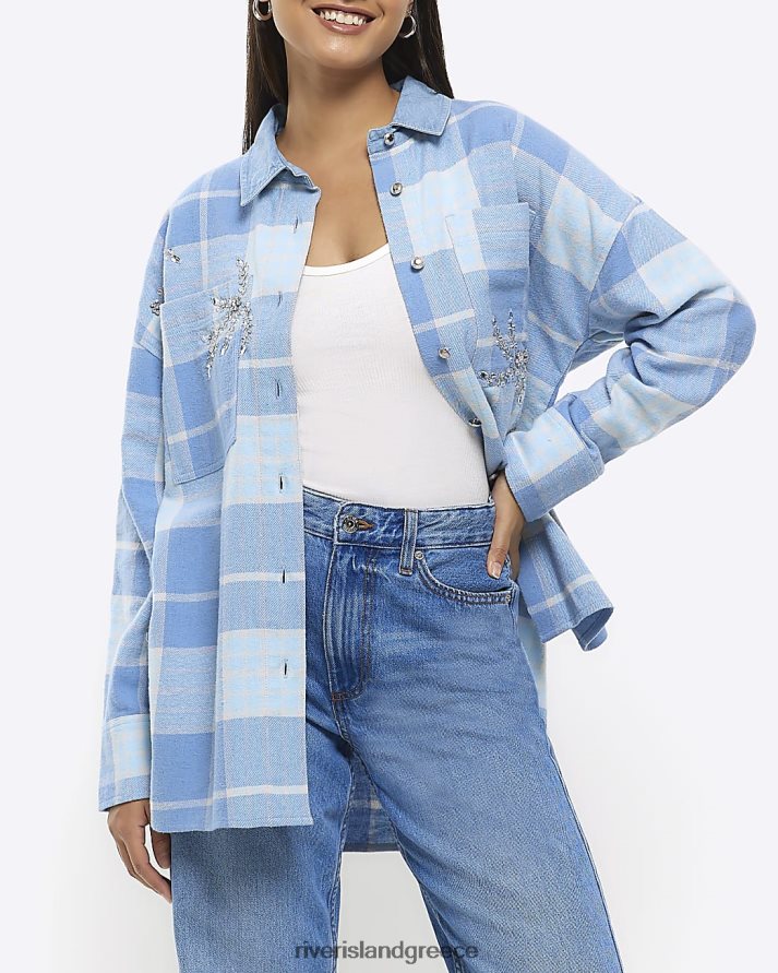 River Island ενδύματα μπλε γυναίκες τσέκα στολισμένο πουκάμισο B6N8X1099