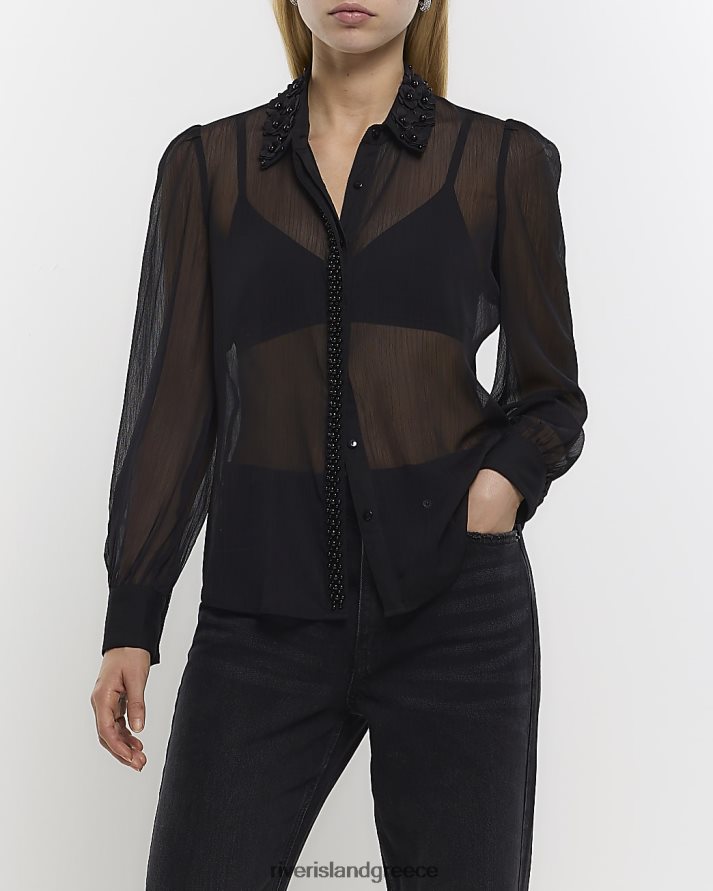 River Island ενδύματα μαύρος γυναίκες πουκάμισο διακοσμημένο με σιφόν B6N8X1137