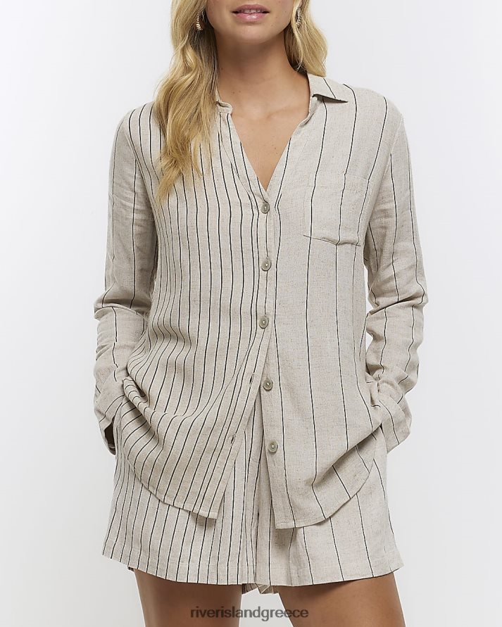 River Island ενδύματα πέτρα γυναίκες ριγέ μακρυμάνικο πουκάμισο με λινό B6N8X1243