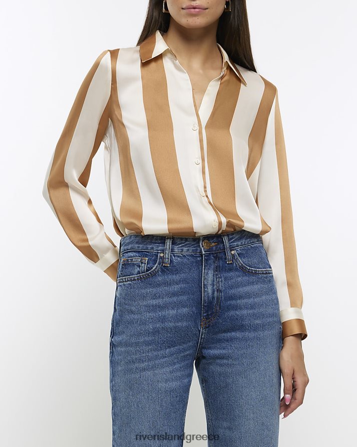 River Island ενδύματα καφέ γυναίκες Σατέν ριγέ μακρυμάνικο πουκάμισο B6N8X1304