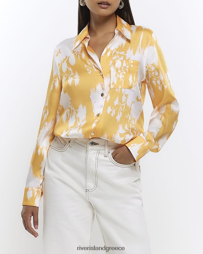 River Island ενδύματα πορτοκάλι γυναίκες λουλουδάτο σατέν μακρυμάνικο πουκάμισο B6N8X1308