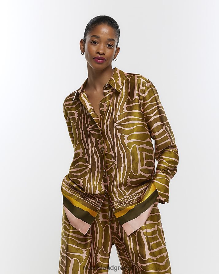 River Island ενδύματα καφέ γυναίκες εμπριμέ σατέν μακρυμάνικο πουκάμισο B6N8X1372