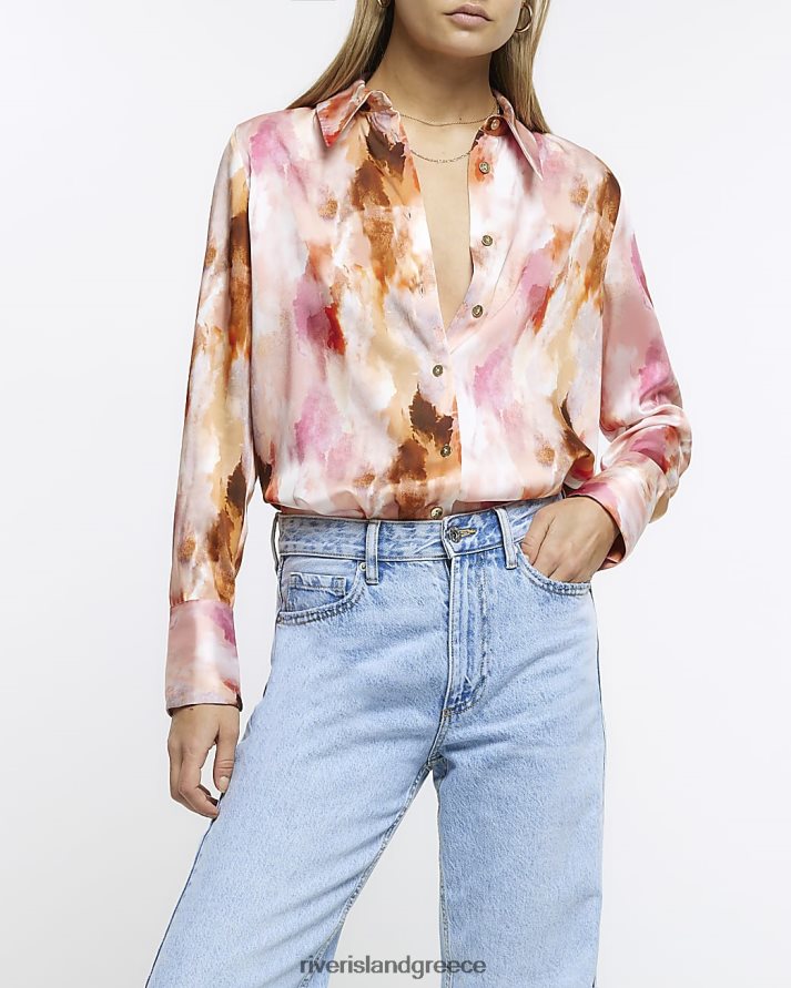 River Island ενδύματα ροζ γυναίκες σατέν αφηρημένο υπερμεγέθη πουκάμισο B6N8X1379