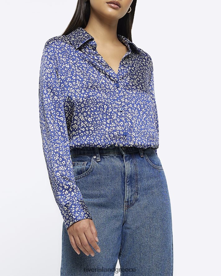 River Island ενδύματα μπλε γυναίκες λουλουδάτο σατέν μακρυμάνικο πουκάμισο B6N8X151