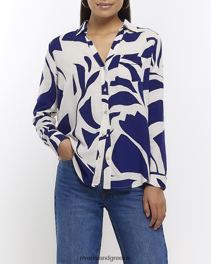 River Island ενδύματα μπλε γυναίκες αφηρημένο πουκάμισο με ανοιχτό λαιμό B6N8X273