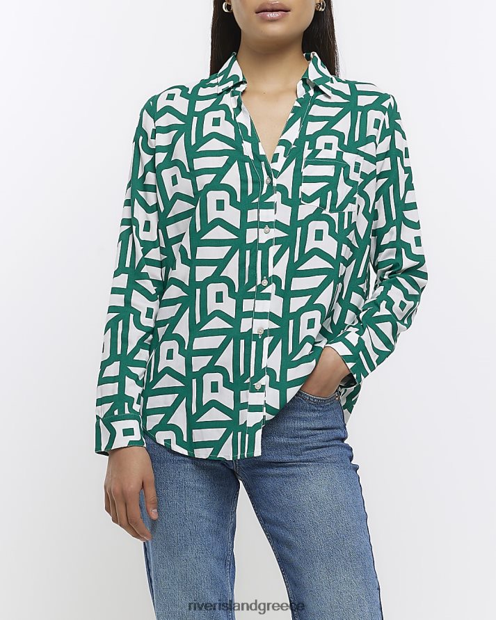 River Island ενδύματα πράσινος γυναίκες στάμπα πουκάμισο με ανοιχτό λαιμό B6N8X277