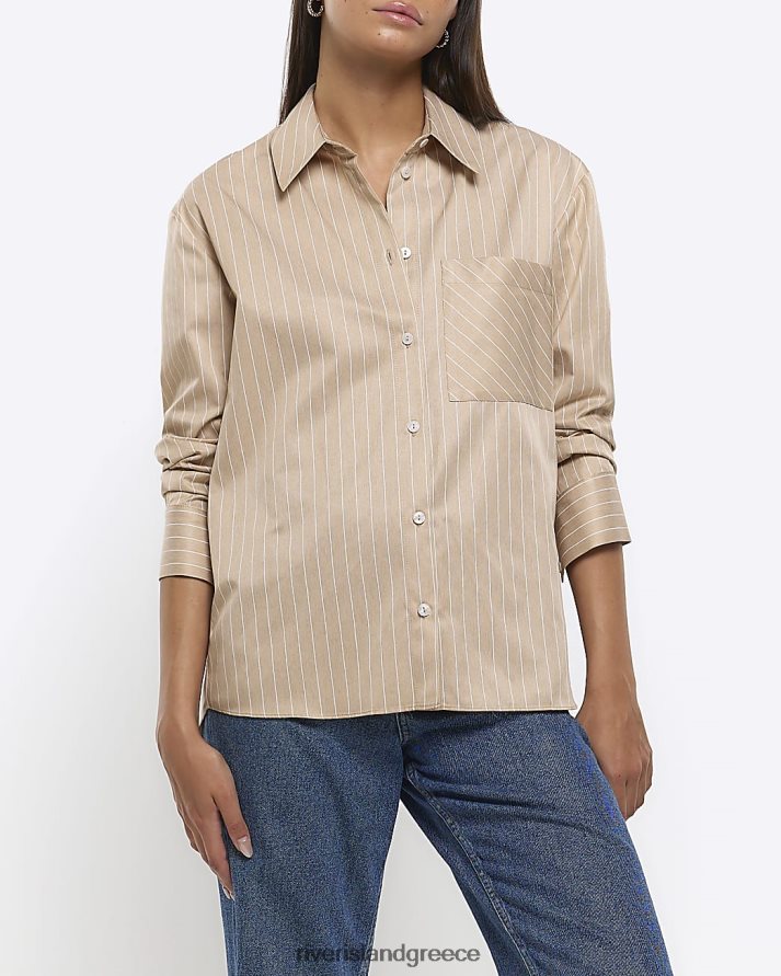River Island ενδύματα μπεζ γυναίκες πουκάμισο με ρίγες ποπλίνα B6N8X319
