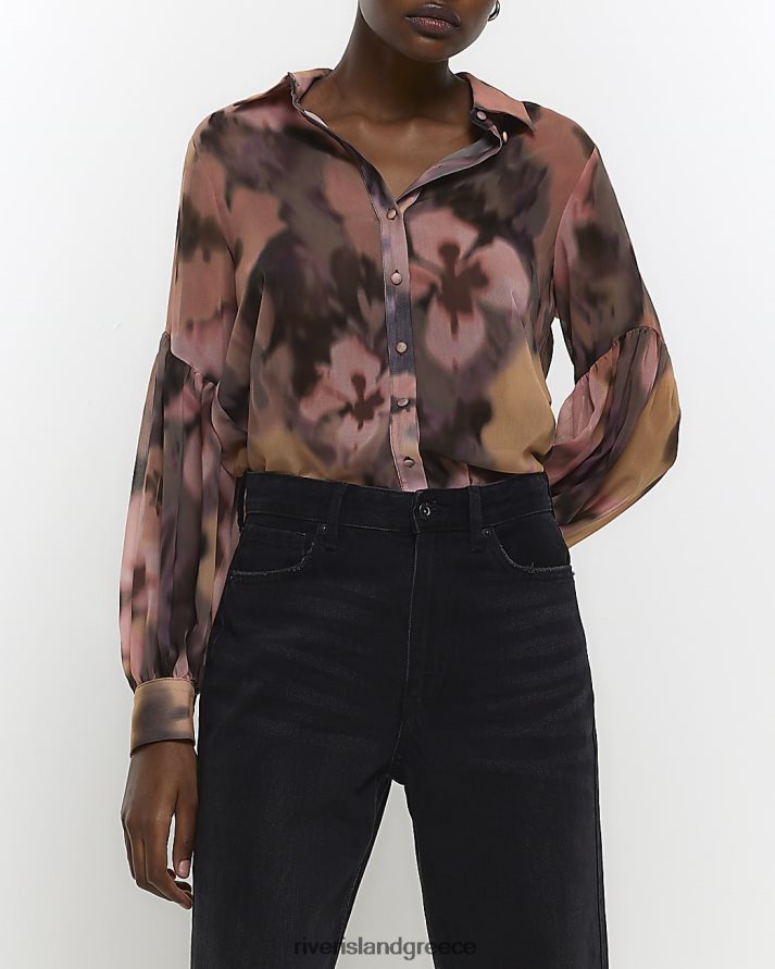 River Island ενδύματα ροζ γυναίκες σιφόν φλοράλ μακρυμάνικο πουκάμισο B6N8X3798