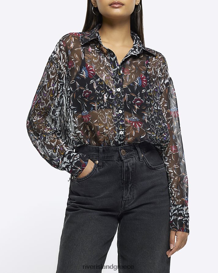 River Island ενδύματα μαύρος γυναίκες σιφόν φλοράλ μακρυμάνικο πουκάμισο B6N8X3802