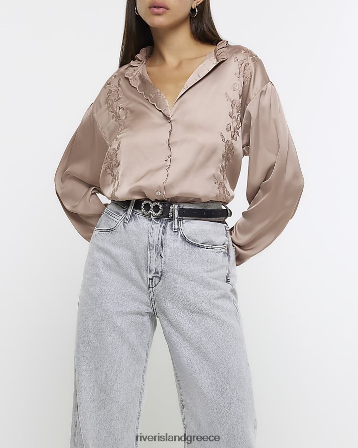 River Island ενδύματα ροζ γυναίκες σατέν κεντημένο πουκάμισο B6N8X3980