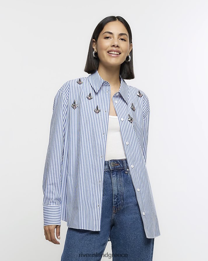 River Island ενδύματα μπλε γυναίκες ριγέ διακοσμημένο πουκάμισο B6N8X4198