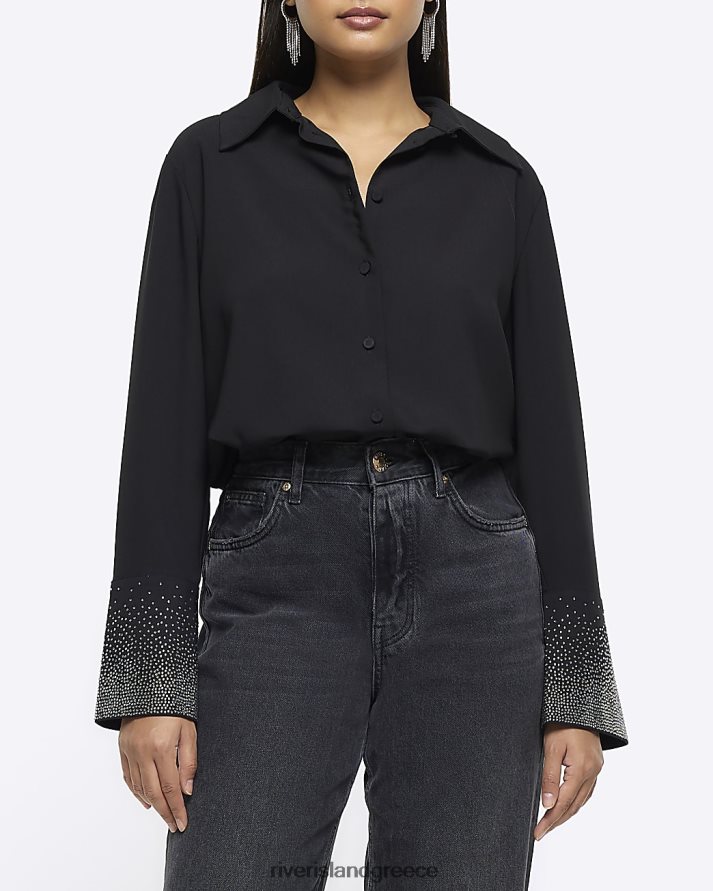 River Island ενδύματα μαύρος γυναίκες σατέν διαμάντι πουκάμισο με μανσέτα B6N8X4210
