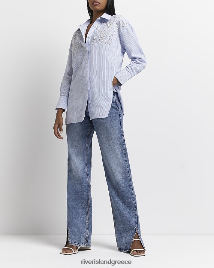 River Island ενδύματα μπλε γυναίκες κεντημένο ριγέ πουκάμισο B6N8X5016