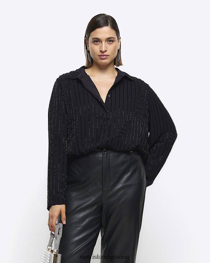 River Island ενδύματα μαύρος γυναίκες συν μακρυμάνικο πουκάμισο με χάντρες B6N8X5031