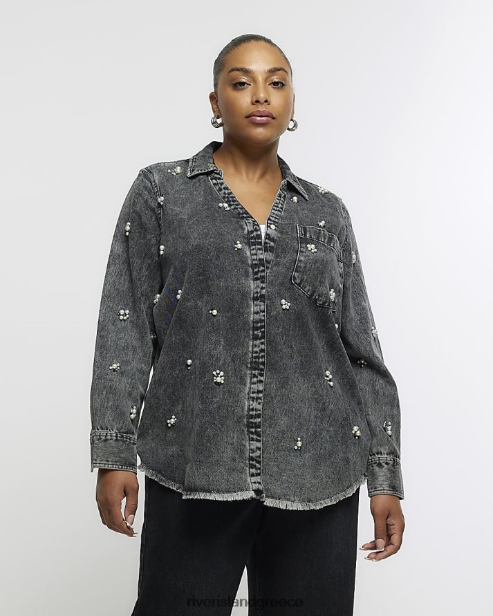 River Island ενδύματα μαύρος γυναίκες συν τζιν διακοσμημένο πουκάμισο B6N8X5117