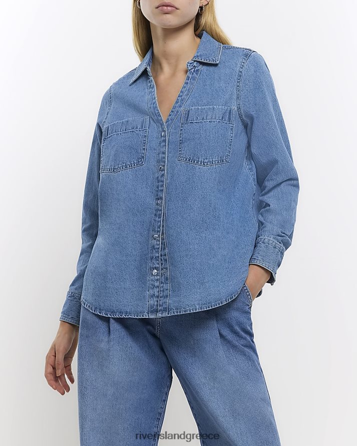 River Island ενδύματα μπλε γυναίκες petite μακρυμάνικο τζιν πουκάμισο B6N8X5278