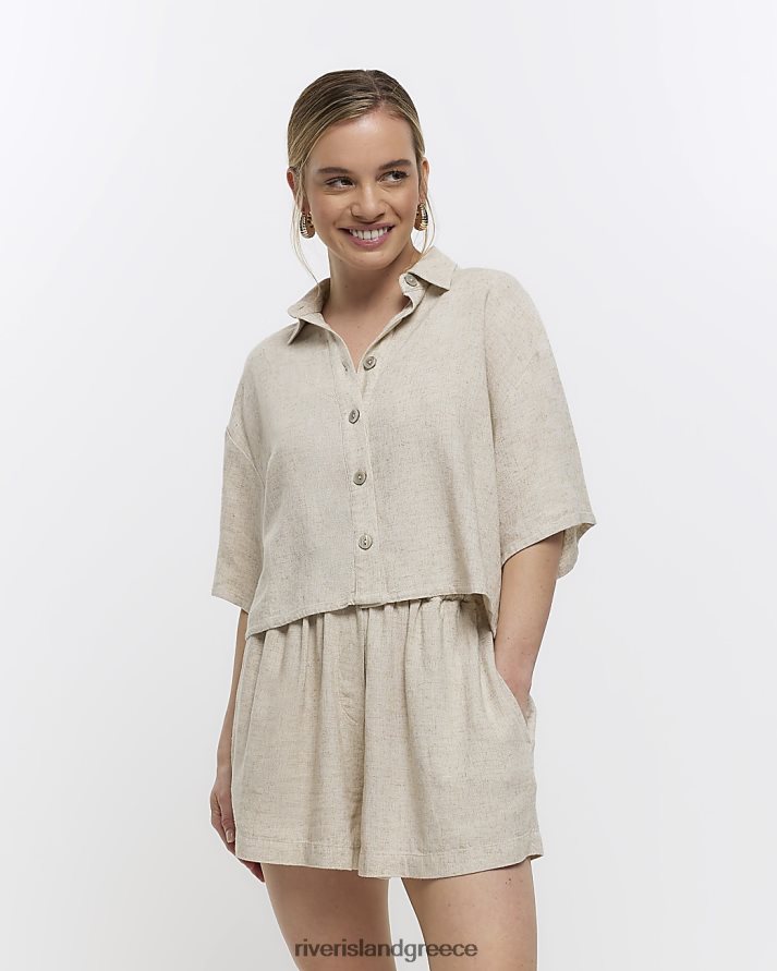 River Island ενδύματα πέτρα γυναίκες petite crop πουκάμισο με λινό B6N8X2284
